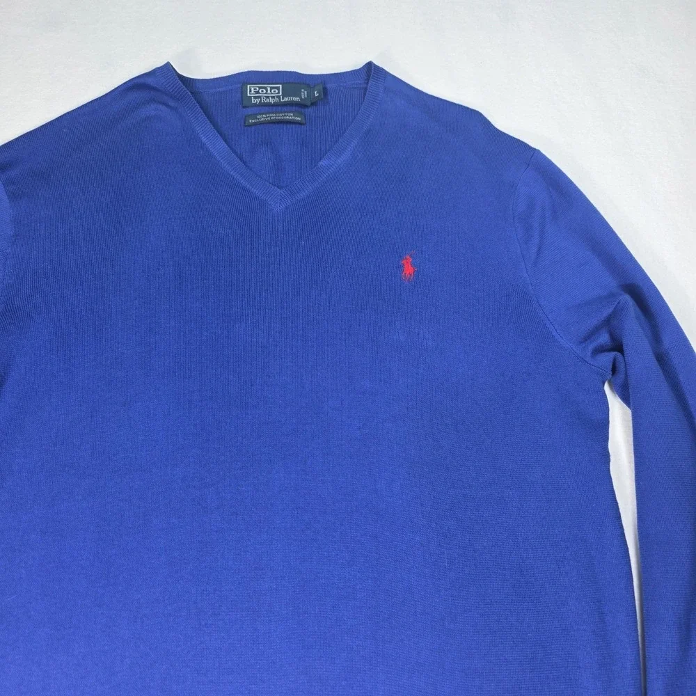 Vintage Y2K RALPH LAUREN POLO Jumper Sweater V-Neck Blue Size L‎ Pima Cotton